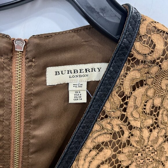 Burberry Camel Gold Lace Leather Trim Short Dress size 4/IT 38 - Picture 7 of 8